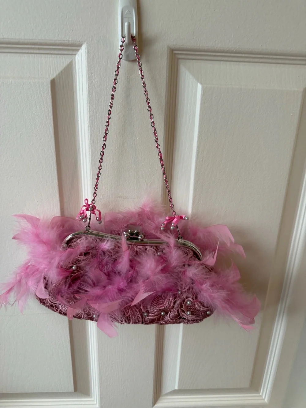 Pink Feather-Trim Evening Clutch with Chain Strap